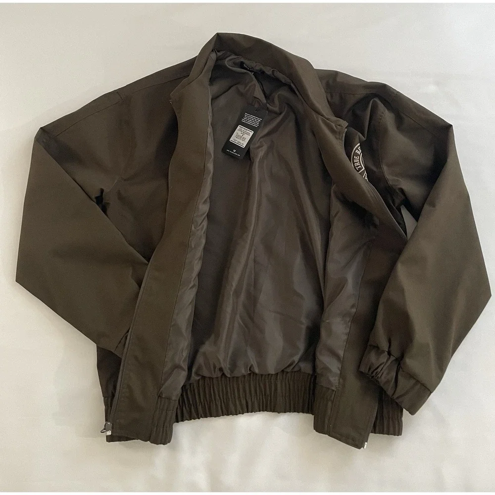 Men's True Religion Brown Casual Jacket M Full Zip Logo Embroidered Accents